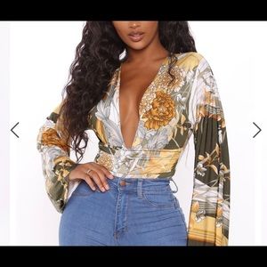 Kesha Bell Sleeve Bodysuit - Olive/combo